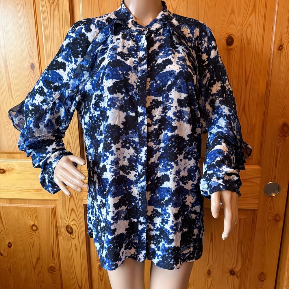 Lauren Ralph Lauren Blouse Top L Womens Blue White Floral Ruffled Sleeves